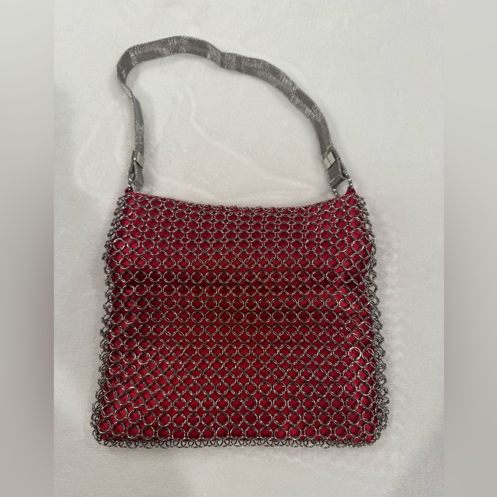 Whiting & Davis Red and Silver Chainmail Shoulder Bag